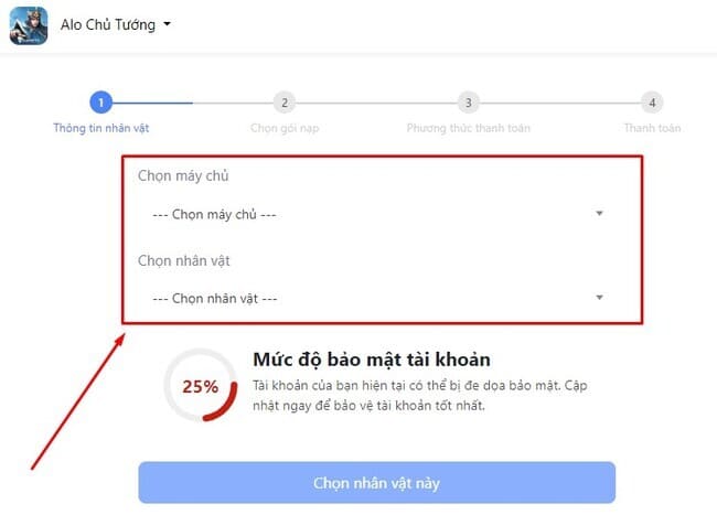 chọn máy chủ và nhân vật cần nạp thẻ Alo Chủ Tướng