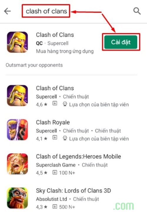 tìm kiếm clash of clans trên chplay