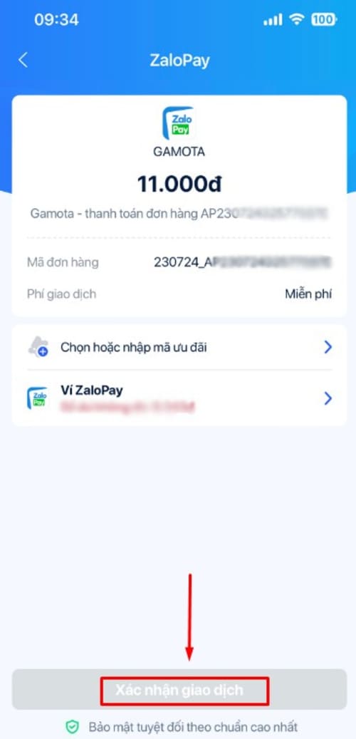 xác nhận giao dịch zalopay